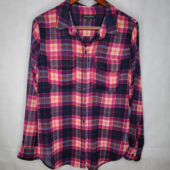 Banana Republic Factory Tops - Banana Republic Factory Button-up Shirt Sheer Pink Blue Plaid Long Sleeve Preppy